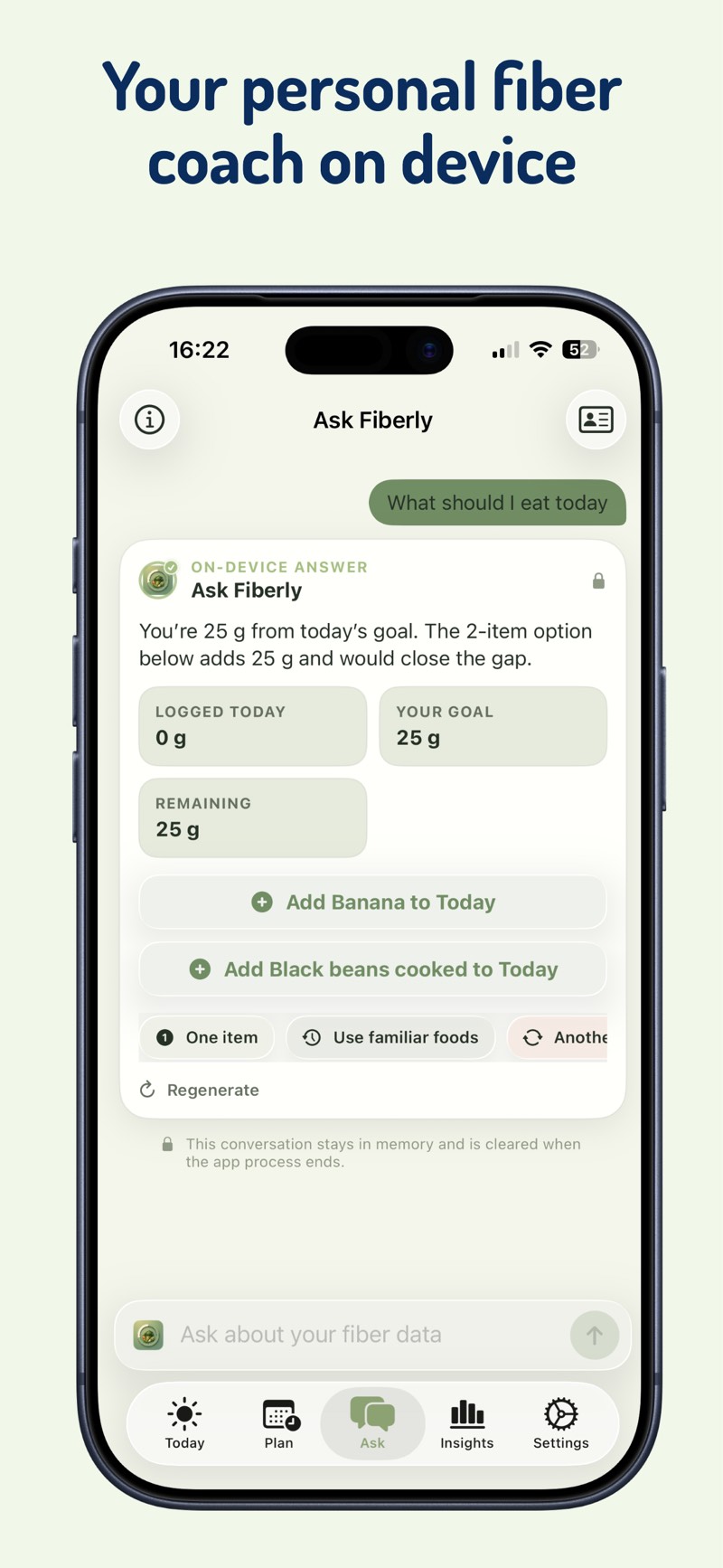 Ask Fiberly on-device chat answering a question about today’s fiber log