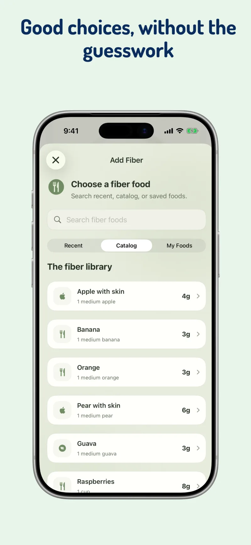 Fiberly food picker showing fiber-rich foods and portion information
