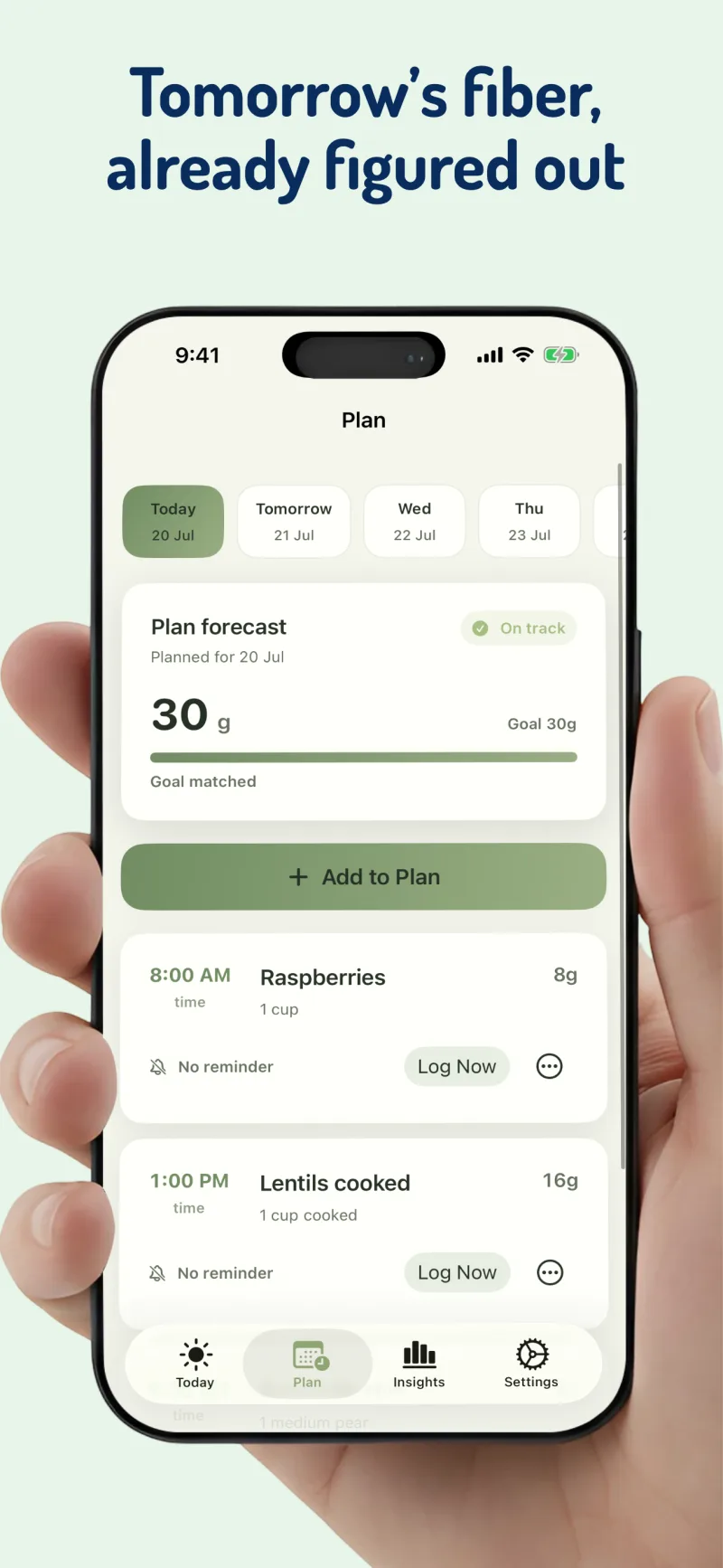 Fiberly meal plan for tomorrow showing planned fiber-rich foods