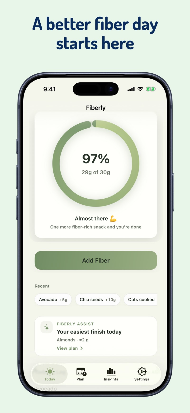 Fiberly Today screen on iPhone showing daily fiber progress, recent foods, and Fiberly Assist