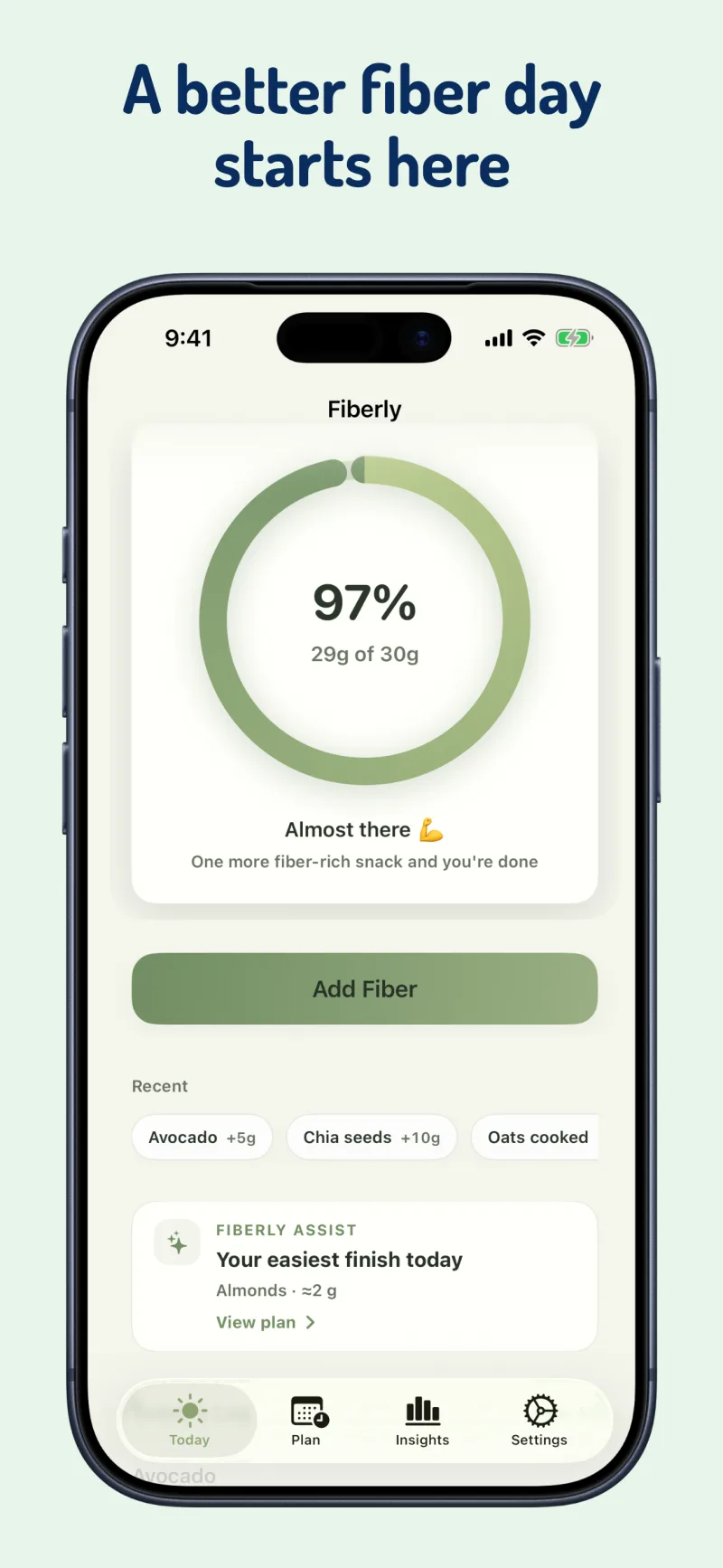 Fiberly Today screen on iPhone showing daily fiber progress, recent foods, and Fiberly Assist